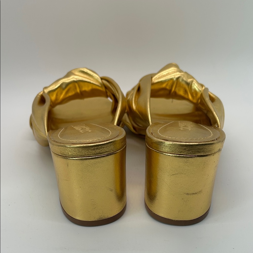 Schutz Dazzling Gold Block Heel Slide Mindy Mules Sandals Shoes **Size 7.5** 🌟🌟 - Picture 6 of 11